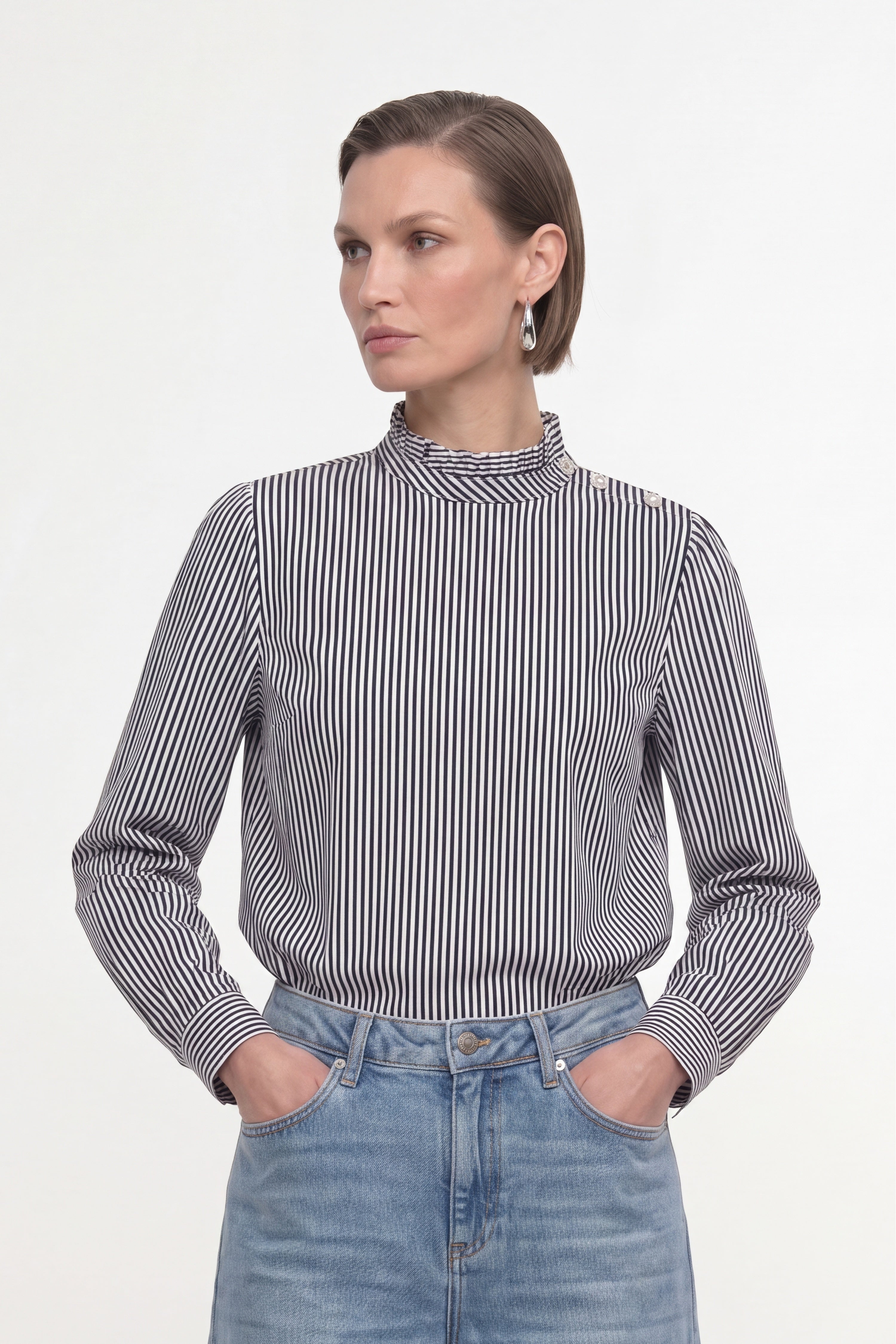Gestreifte Rüschenbluse mit Stehkragen-Rich & Royal