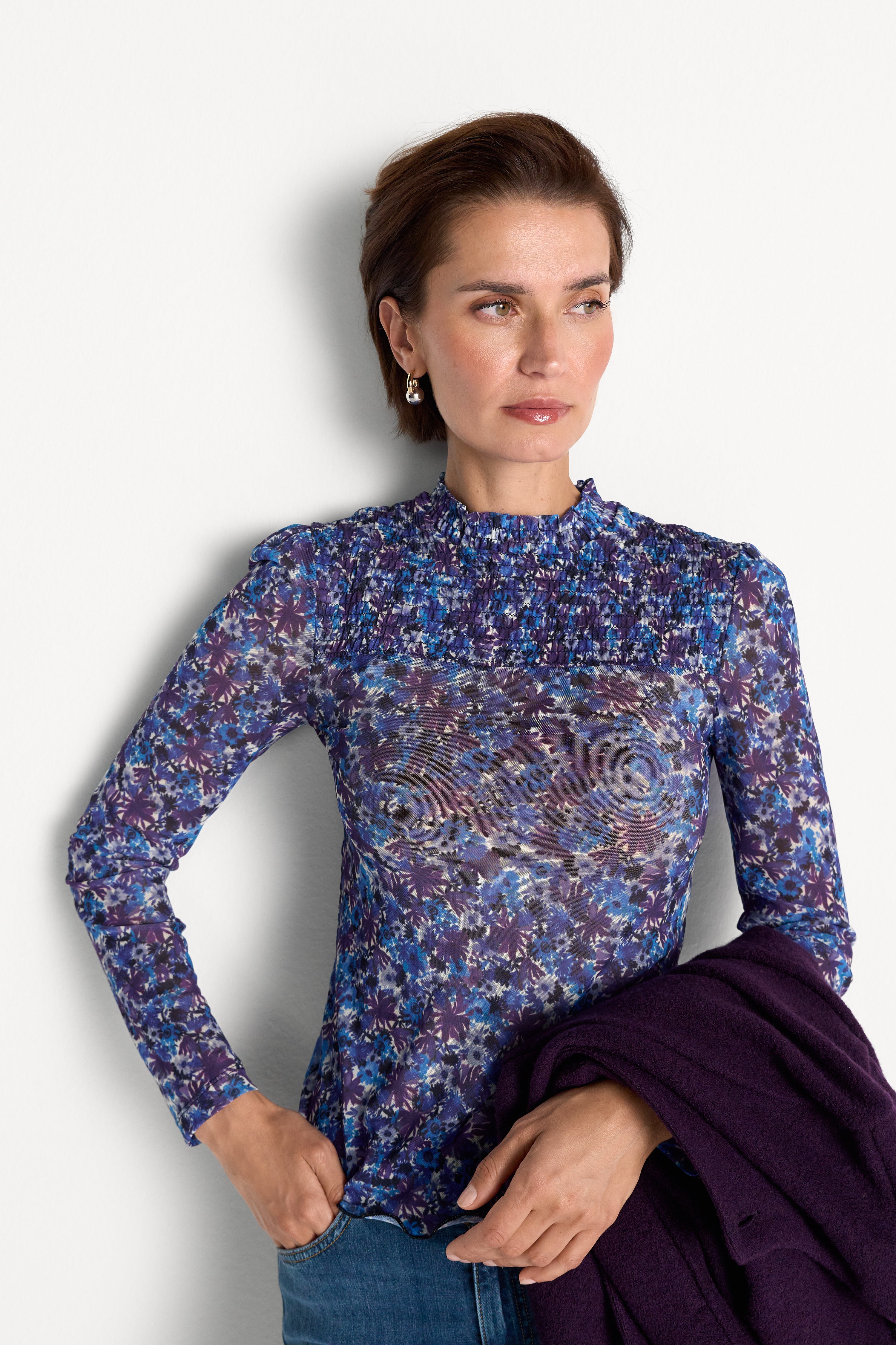 Mesh-Longsleeve mit Smokdetails-Rich & Royal