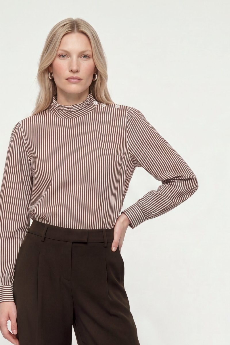Gestreifte Rüschenbluse mit Stehkragen-Rich & Royal