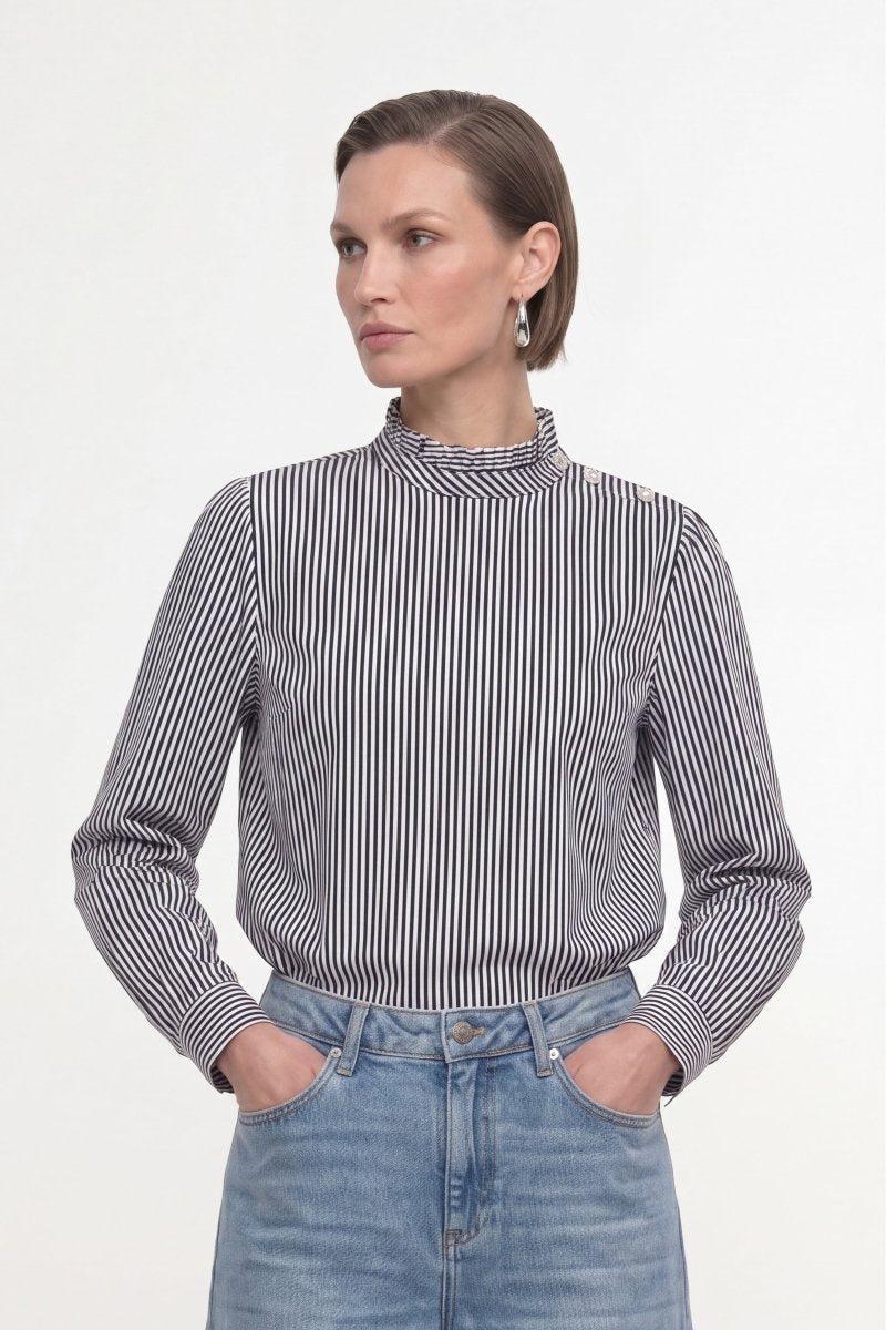 Gestreifte Rüschenbluse mit Stehkragen-Rich & Royal